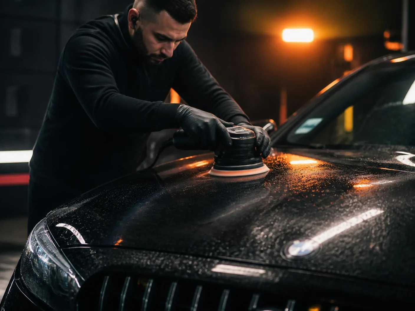 Detailer polindo o capô de um carro preto em estúdio com luz âmbar